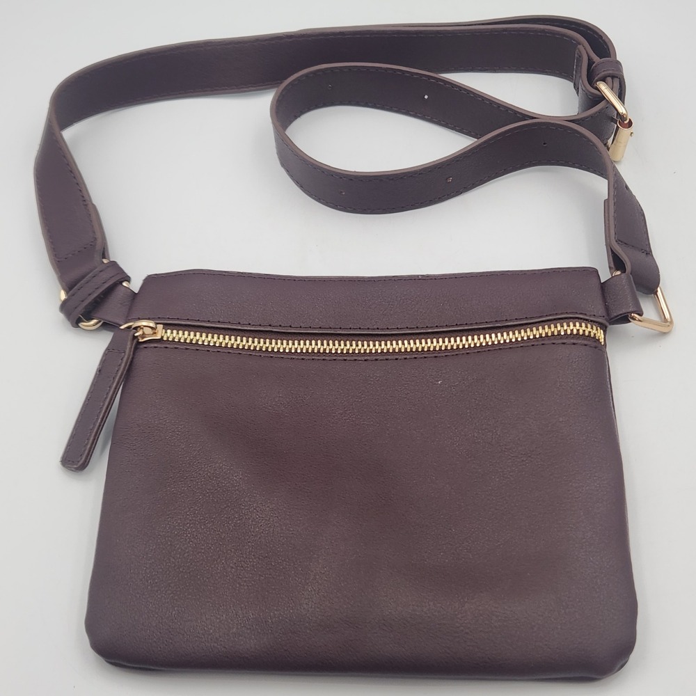 Lulu Dharma‎ Crossbody Bag Dark Brown Faux Leather Gold Zip Adjustable Strap